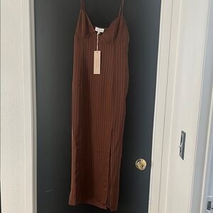 Aje Chocolate Brown Pinstripe Maxi Slip Dress with Spaghetti Straps